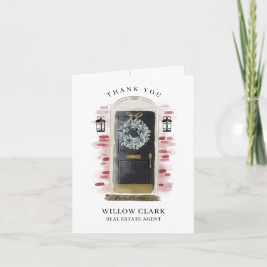 Zwarte Waterverf voordeur & krans Dank u Bedankkaart (Voorkant)