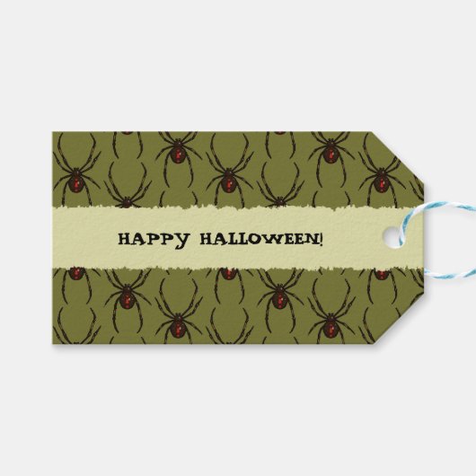 Zwarte Weduwe Spin Happy Halloween Pixel Patroon Cadeaulabel (Voorkant (Horizontaal))