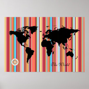 zwarte wereldkaart + kleurenstrepen poster