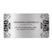 Zwarte wervelende zilveren achtergrond etiket (Voorkant)