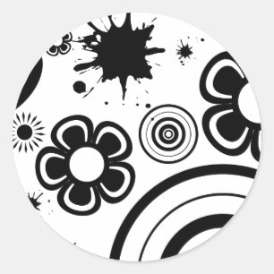 Zwarte Whimsical Bloemen, Cirkels, Spatpatroon Ronde Sticker