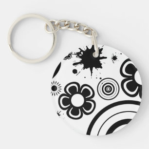 Zwarte Whimsical Bloemen, Cirkels, Spatpatroon Sleutelhanger