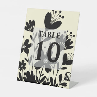 Zwarte Whimsical Bloemen Tafel Nummer Reclamebord Met Voetstuk