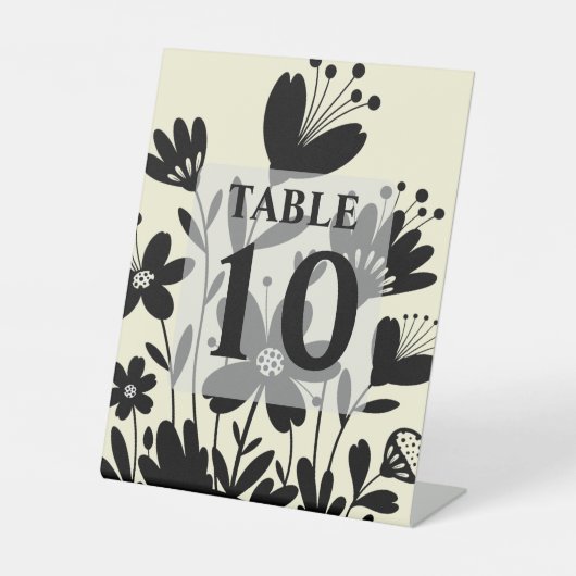 Zwarte Whimsical Bloemen Tafelnummer Reclamebord Met Voetstuk (Voorkant)
