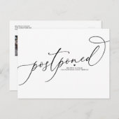 Zwarte Whimsical Script Uitgestelde Trouwdag Aankondigingskaart (Voorkant / Achterkant)