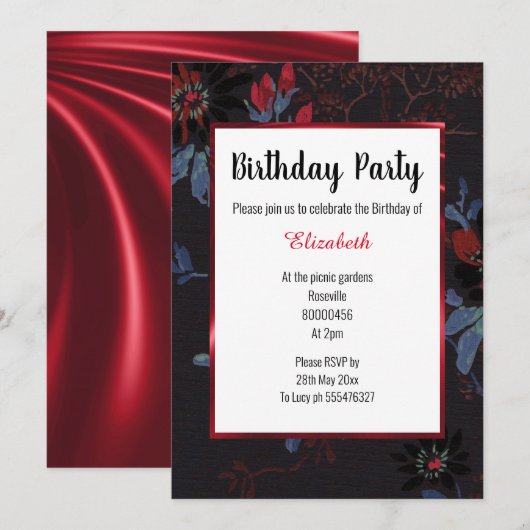 ZWARTE WHITE RED FLORAL TREE SATIN BIRTHDAY KAART (Voorkant / Achterkant)