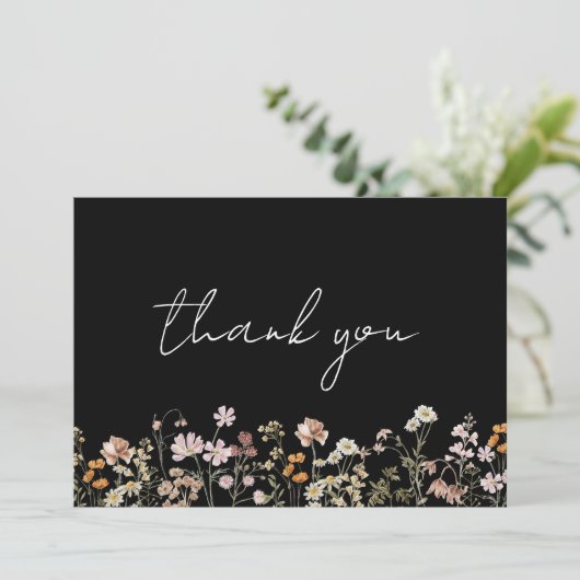 Zwarte Wilde Bloem Bruidsfeestje Bedankkaart (Staand voorkant)