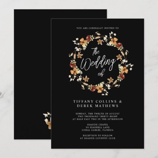 Zwarte Wilde Bloem Trouwdag Kaart (Voorkant / Achterkant)