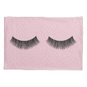 Zwarte wimpers op roze en witte pin dot patroon kussensloop (Achterkant-Links)