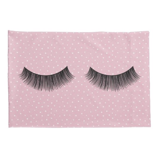 Zwarte wimpers op roze en witte pin dot patroon kussensloop (Achterkant-Rechts)