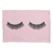 Zwarte wimpers op roze en witte pin dot patroon kussensloop (Voorkant-Links)