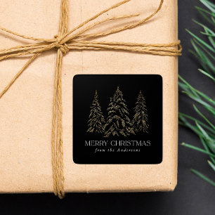 Zwarte winterpine kerst vierkante sticker