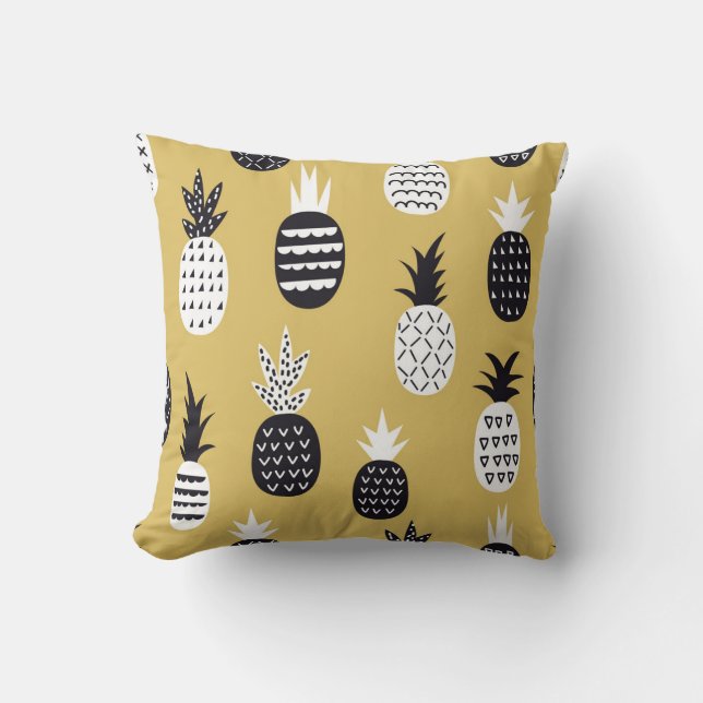 Zwarte, witte ananas, gele achtergrond kussen (Voorkant)