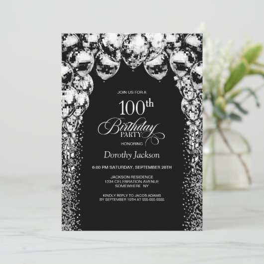 Zwarte witte ballonnen 100ste verjaardagsfeest kaart (Staand voorkant)