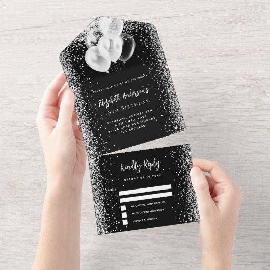 Zwarte witte ballonnen glitter verjaardag rsvp all in one uitnodiging (Afscheurbaar)