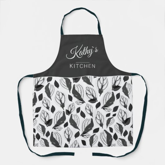 Zwarte witte basisbenaming Herb Leaf Pattern Botan Schort (Voorkant)