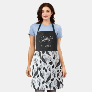 Zwarte witte basisbenaming Herb Leaf Pattern Botan Schort