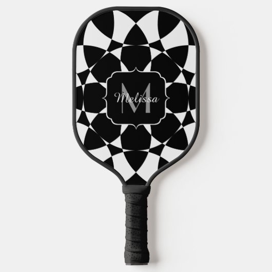 Zwarte witte bloem mandala mosaic retro Monogram Pickleball Paddle (Voorkant)