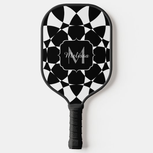 Zwarte witte bloem mandala mosaic retro Monogram Pickleball Paddle (Achterkant)