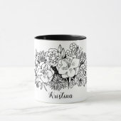 Zwarte witte bloem met botanische naam mok (Midden)