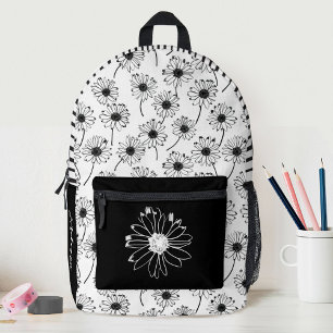 Zwarte Witte Bloemen Daisy Meisjes School Bedrukte Rugzak