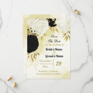 Zwarte witte bloemen gouden bladeren save the date