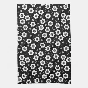 Zwarte witte bloemen Towel Theedoek
