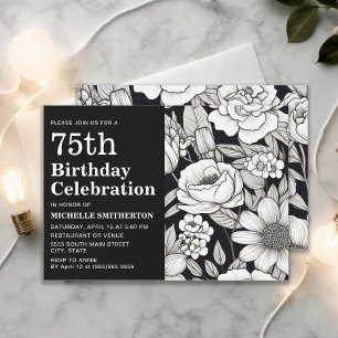 Zwarte Witte Bloemen Vrouwen 75ste Verjaardag Kaart