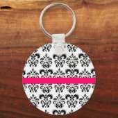 ZWARTE WITTE DAMASKFLORAAL PINK FUCHSIA STRIPE SLEUTELHANGER (Voorkant)