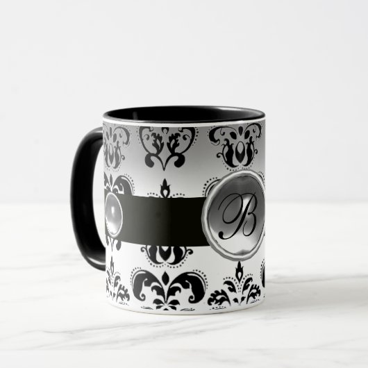 ZWARTE WITTE DAMASKMONOGRAM MOK (Voorkant links)