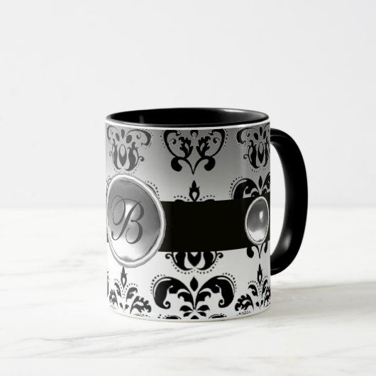 ZWARTE WITTE DAMASKMONOGRAM MOK (Voorkant rechts)