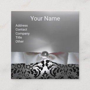 ZWARTE WITTE DAMASKRIBBON, GRAY GEMSTONE MONOGRAM VIERKANTE VISITEKAARTJE