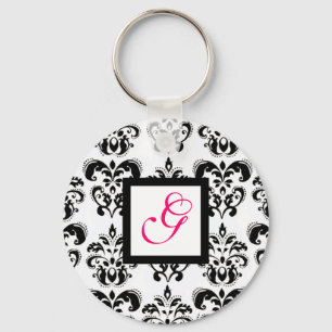 ZWARTE WITTE DAMASKSQUARE PINK FUCHSIA MONOGRAM SLEUTELHANGER