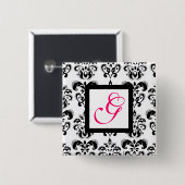 ZWARTE WITTE DAMASKSQUARE PINK FUCHSIA MONOGRAM VIERKANTE BUTTON 5,1 CM (Voorkant /achterkant)