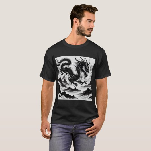 Zwarte witte draak t-shirt (Voorkant volledig)