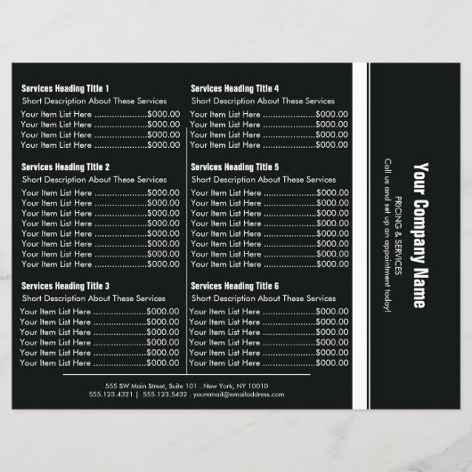 Zwarte witte eenvoudige rand Prijslijst 6 Flyer (Voorkant)