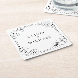 Zwarte witte elegant  florerende kalligrafie vierkante kartonnen onderzetter