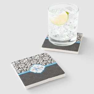 Zwarte witte en blauwe  Floral Damaskers Stenen Onderzetter