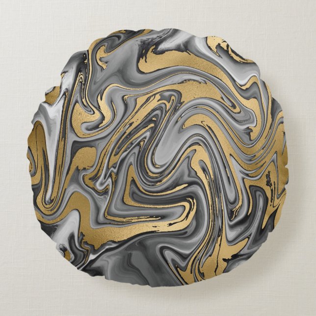 Zwarte, witte en goudkleurige olieslik Abstract Rond Kussen (Voorkant)