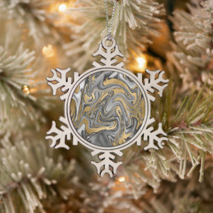 Zwarte, witte en goudkleurige olieslik Abstract Tin Sneeuwvlok Ornament