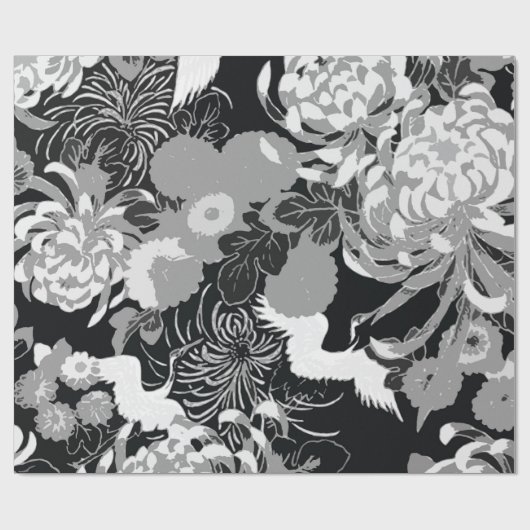 zwarte, witte en grijze bloemen en vogels cadeaupapier (Vlak)