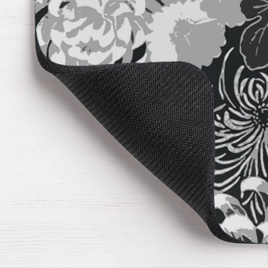  zwarte, witte en grijze bloemen en vogels muismat (Hoek)