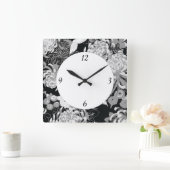  zwarte, witte en grijze bloemen en vogels vierkante klok (Huis)