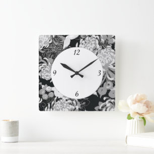 zwarte, witte en grijze bloemen en vogels vierkante klok