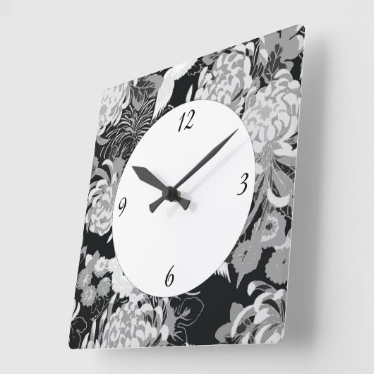  zwarte, witte en grijze bloemen en vogels vierkante klok (Hoek)