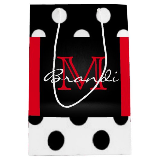 Zwarte witte en rode pokkendots en monogram medium cadeauzakje (Voorkant)