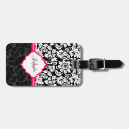 Zwarte witte en roze  Floral Damaskers Bagagelabel