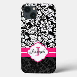 Zwarte witte en roze Floral Damaskers iPhone 13 Hoesje