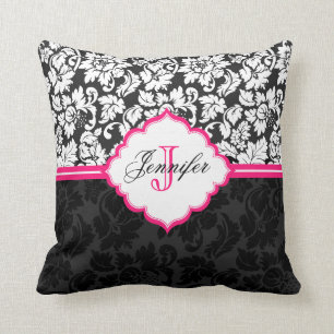 Zwarte witte en roze Floral Damaskers Kussen