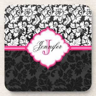 Zwarte witte en roze Floral Damaskers Onderzetter